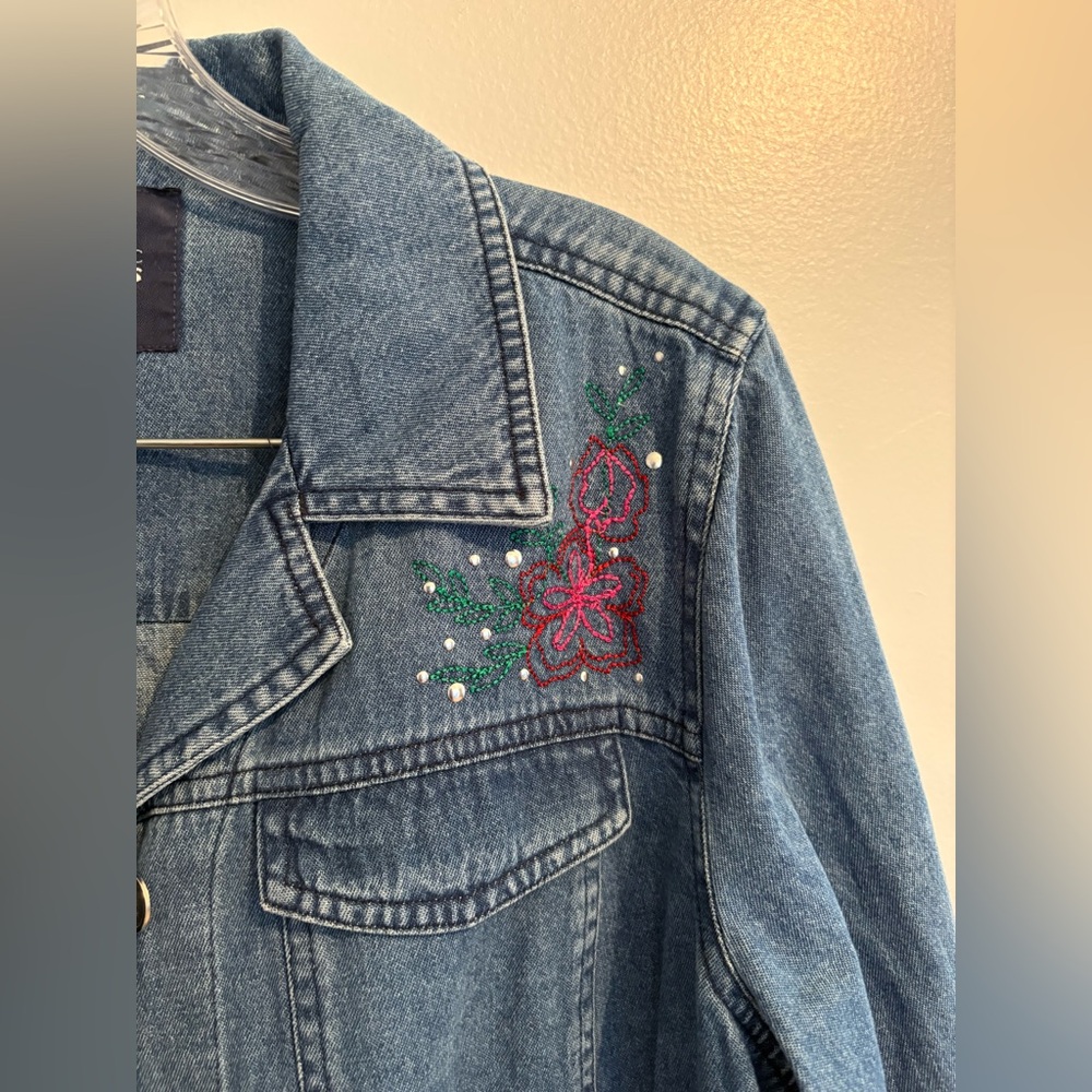 Basic Editions Denim Jacket Embroidered Beaded Fl… - image 12